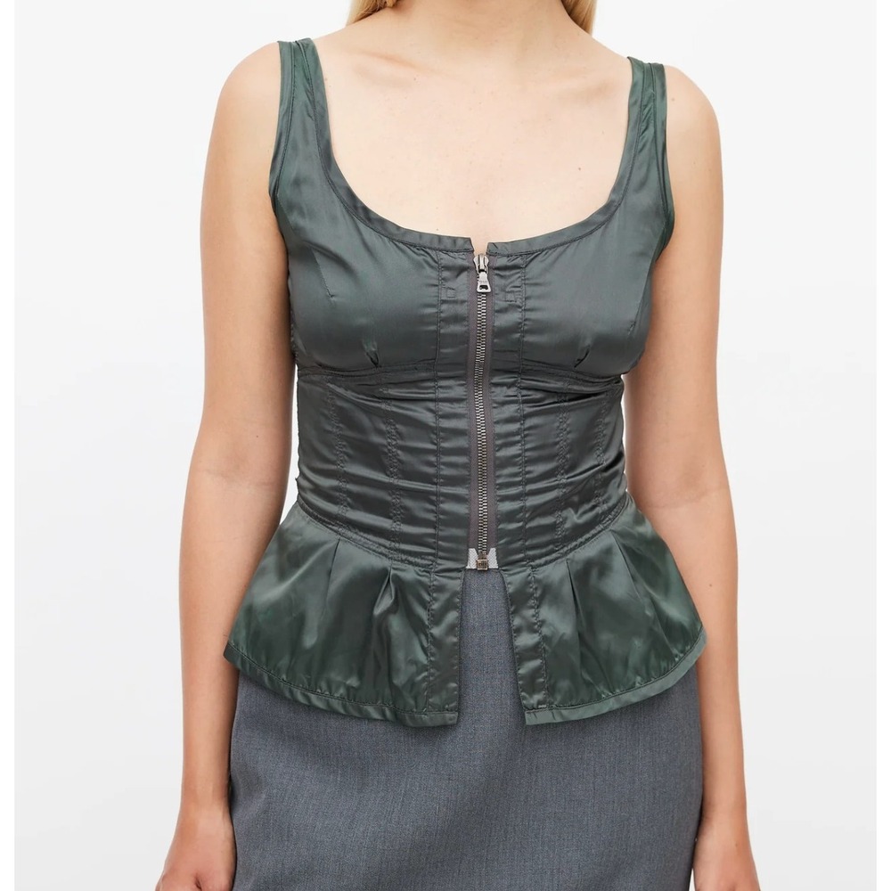 Prada Vest Women Small Olive Green Good Zip Up Corset Style Peplum Sleeveless